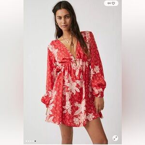 Free People Red Floral Long Sleeve Dress